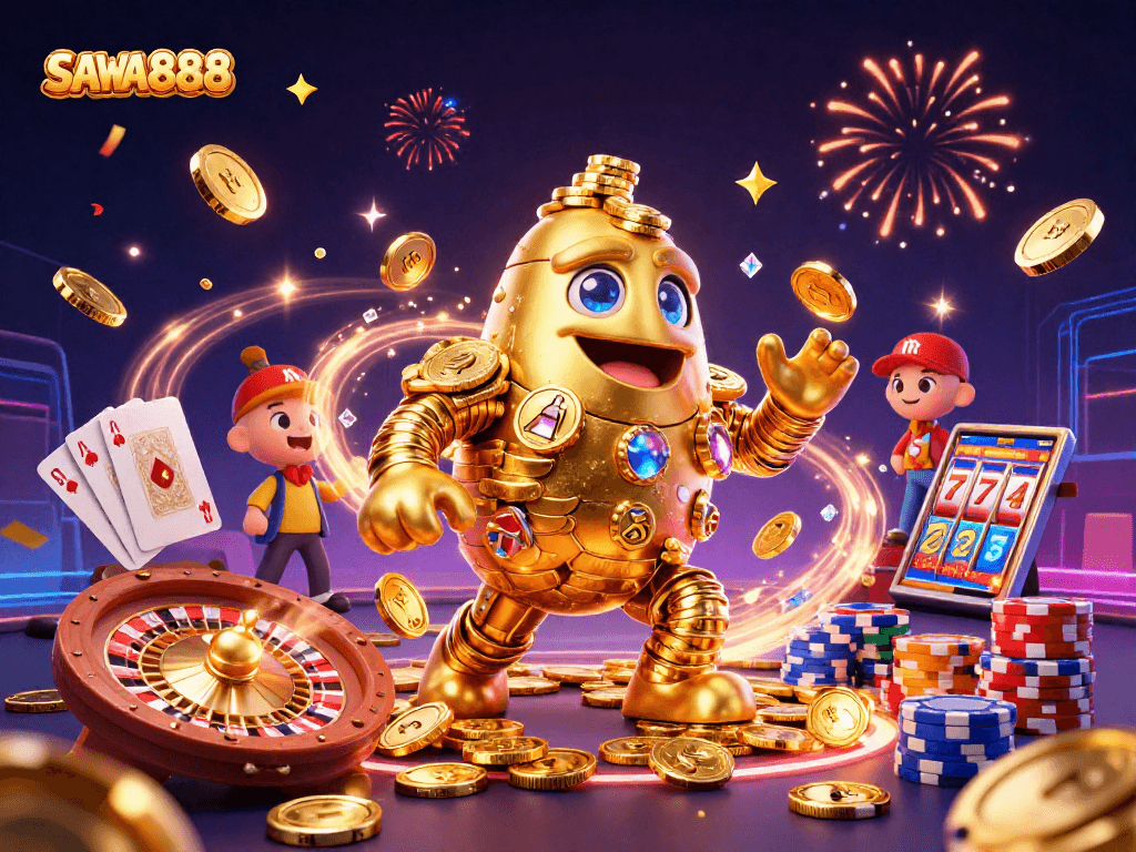 Spin and win at SAWA888 with the golden golem amid shimmering attractions and striking casino elements.