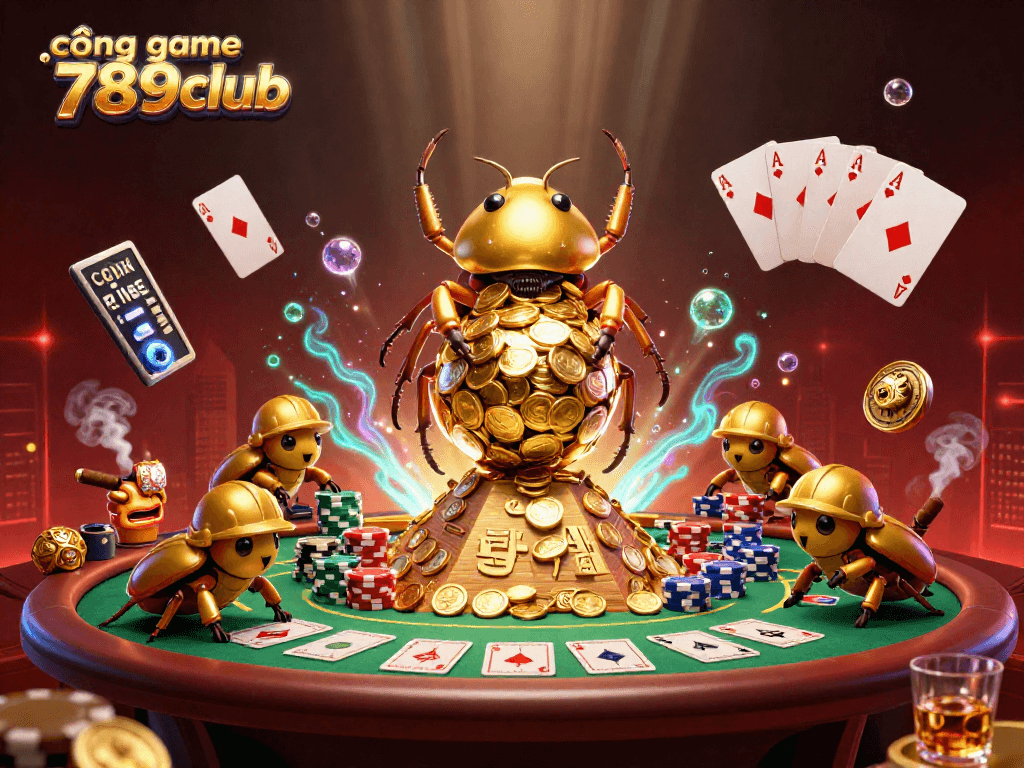 Immerse in the excitement of cổng game 789club featuring a golden dung beetle rolling coins amidst a vibrant casino scene.
