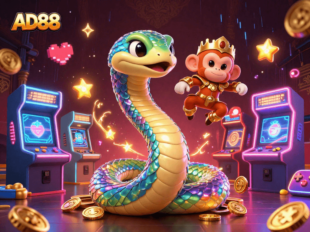 Experience the thrilling gaming adventure at AD88 with vibrant characters and luxurious casino elements.