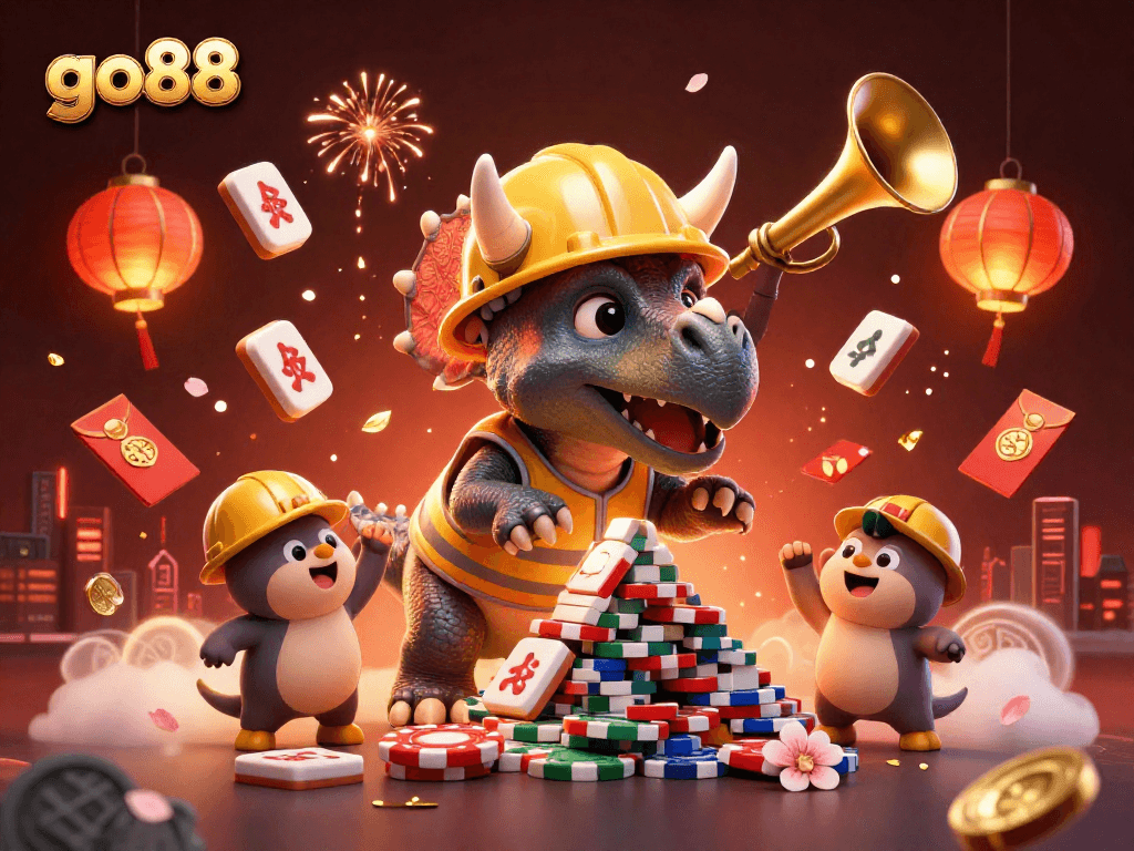 Experience excitement at go88 with a dynamic 3D illustration of a triceratops and friends celebrating casino wins.