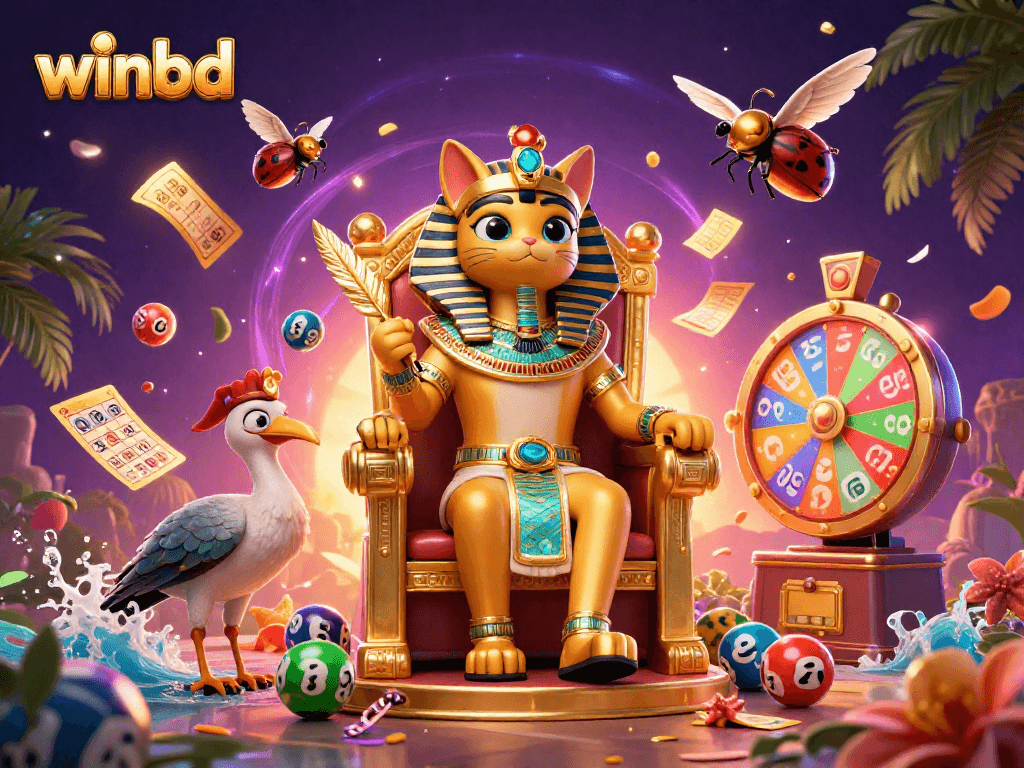 Engage with winbd's vibrant gaming scene featuring a pharaoh cat, ibis scribe, and dynamic lottery elements.
