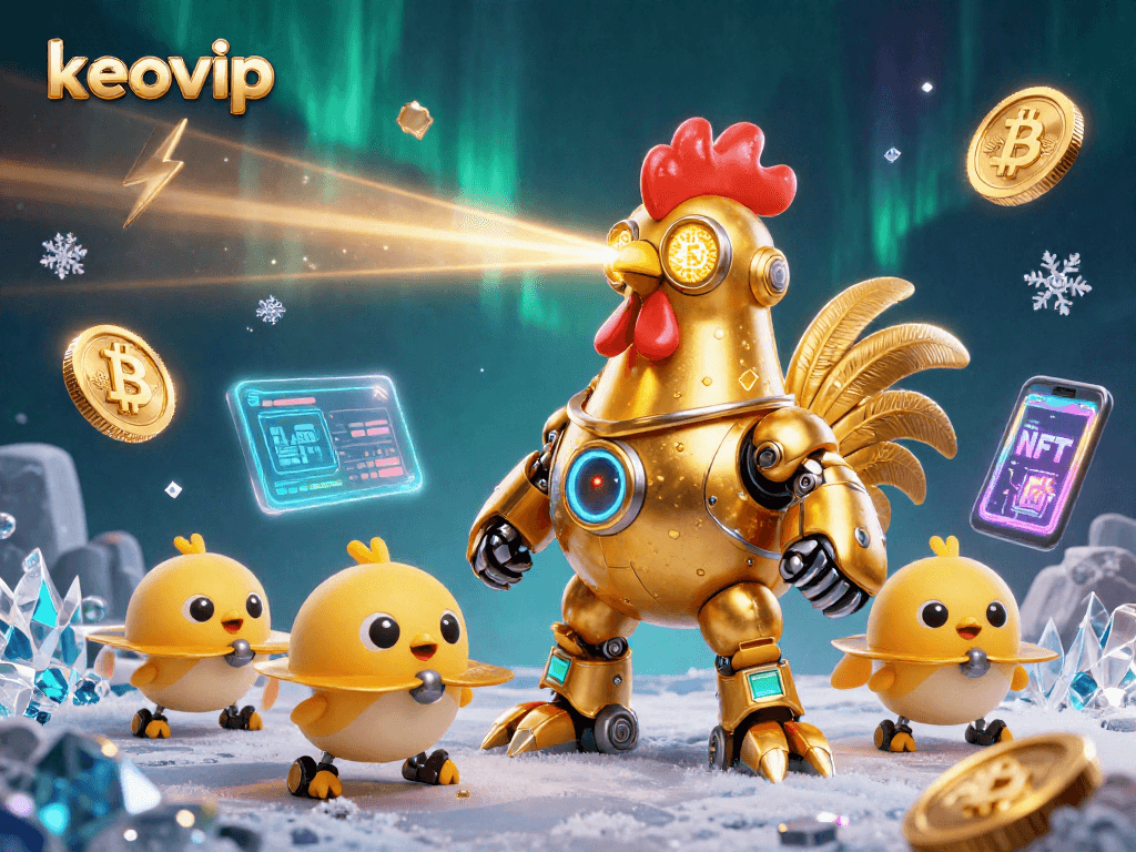 Engage with keovip's vibrant crypto casino scene featuring a golden rooster robot and baby chick drones.