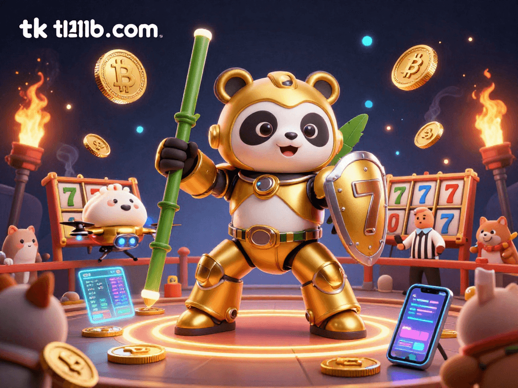 Engage in thrilling gameplay at tk11b com with a golden panda piloting an arena, surrounded by vibrant crypto elements.