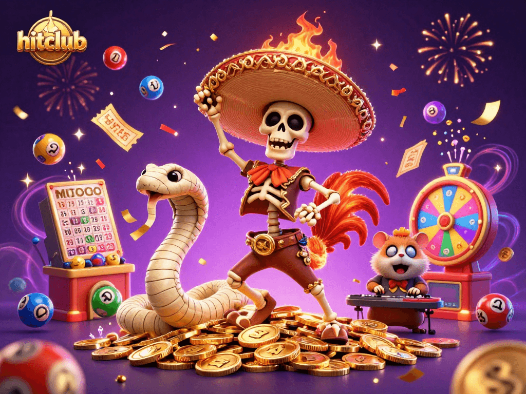 Hitclub celebrates winning moments in vibrant casino-themed 3D illustration featuring colorful lottery elements.