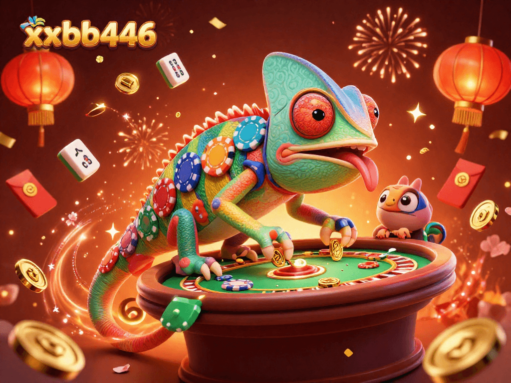 Experience the excitement of xxbb446 with a lively casino scene featuring a chameleon owner and vibrant game symbols.