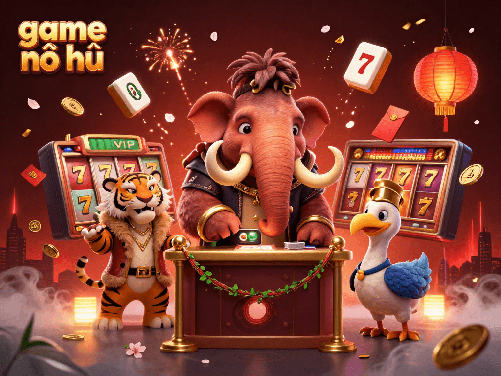 Experience game nổ hũ with the vibrant scene of 3D cartoon characters in a lively casino setting.
