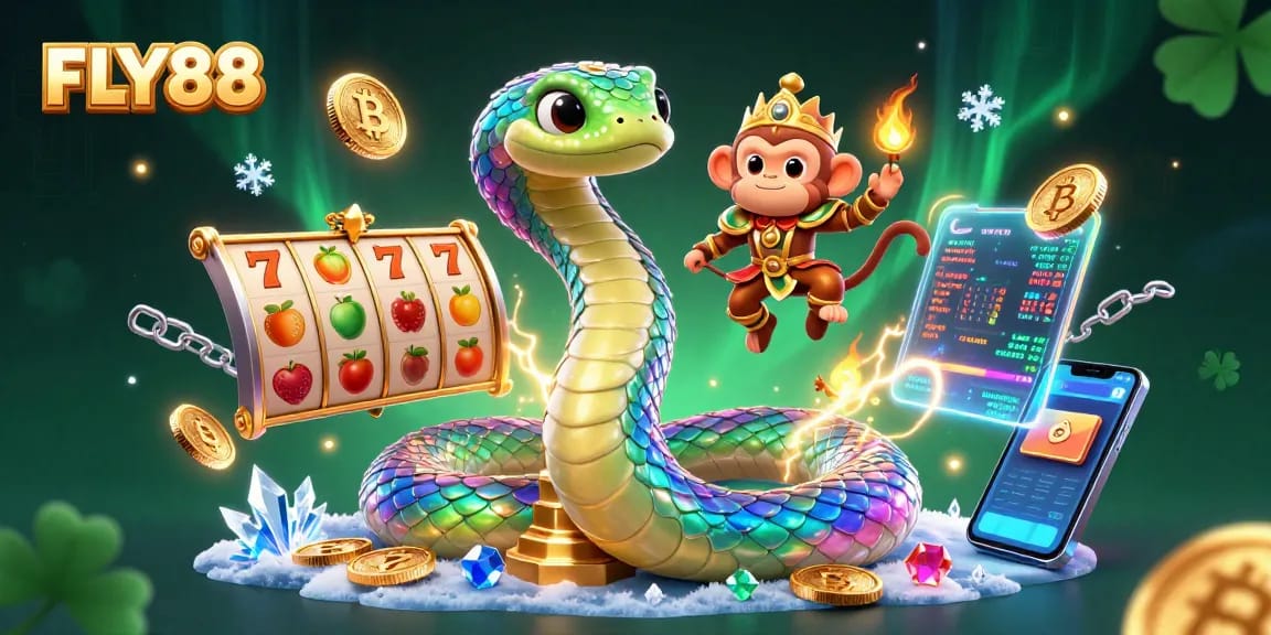 Engage with FLY88 by spinning vibrant slots and soaring with the playful monkey king in this dynamic casino illustration.
