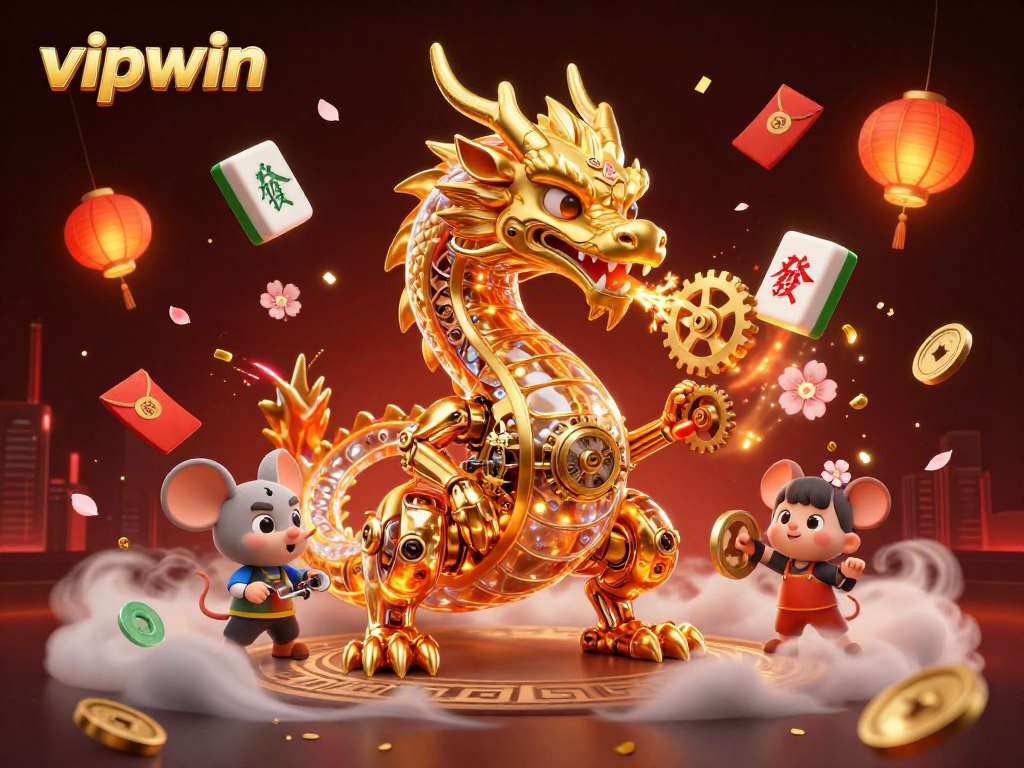 Experience excitement at vipwin with a golden dragon breathing gears amidst vibrant casino elements.