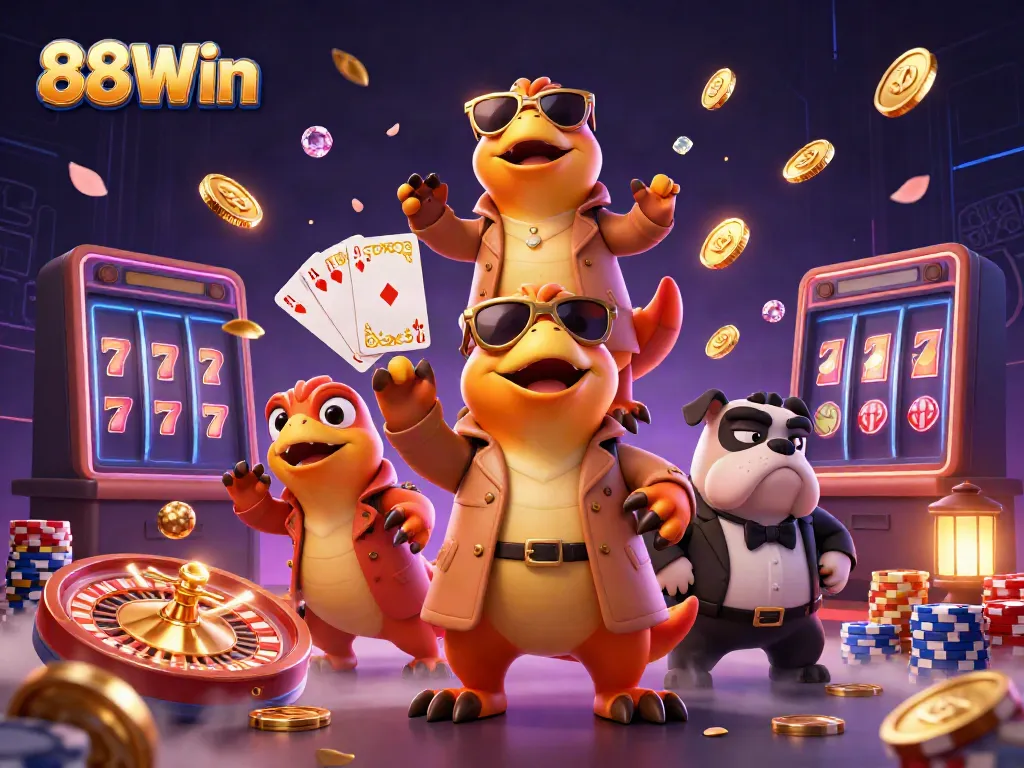 Experience exciting gaming at 88Win with three raptors disguised and vibrant casino elements around them.