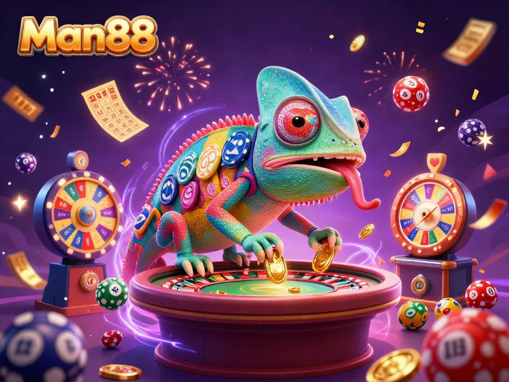 Man88 engages players with vibrant chameleon and dynamic casino elements, surrounded by colorful lottery balls and prizes.