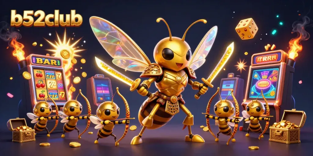 Experience excitement at b52club with golden hornet warriors amidst colorful jackpot celebrations.