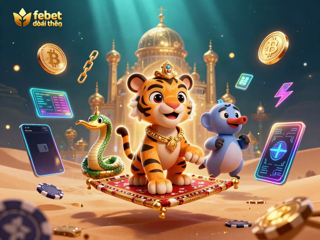 Experience exciting gameplay with febet đổi thưởng while featuring a 3D cartoon sultan and glowing crypto elements.