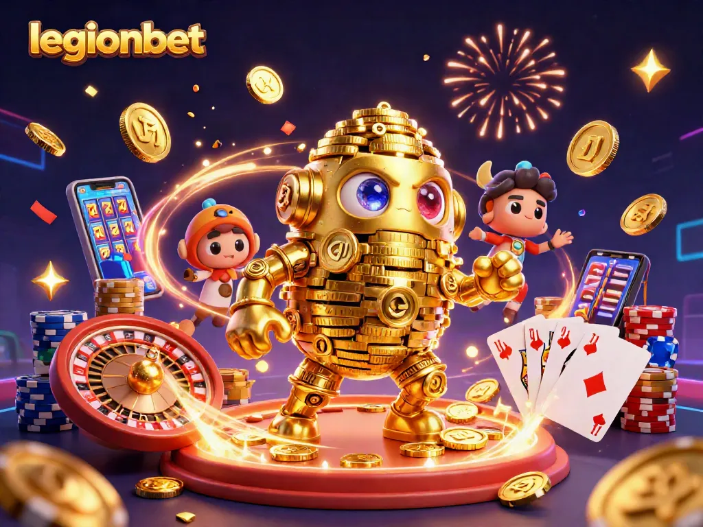 Experience exciting gaming with legionbet's vibrant 3D casino scene filled with gold and action.