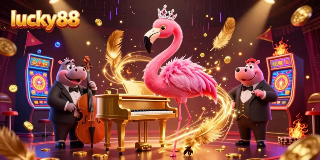 Engage in thrilling gameplay with lucky88, featuring a flamboyant flamingo singer and hippo bassist in a vibrant casino.