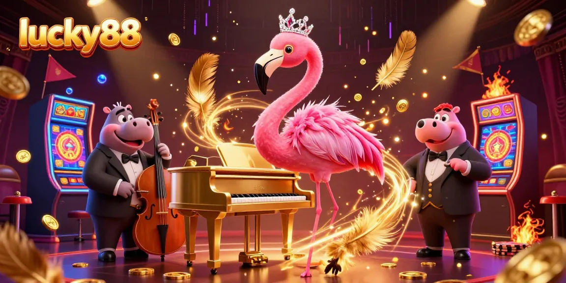 Engage in thrilling gameplay with lucky88, featuring a flamboyant flamingo singer and hippo bassist in a vibrant casino.