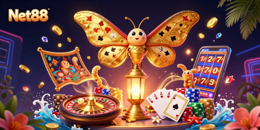 Experience thrilling gameplay with Net88's casino scene filled with shimmering gems, vibrant cards, and golden elements.