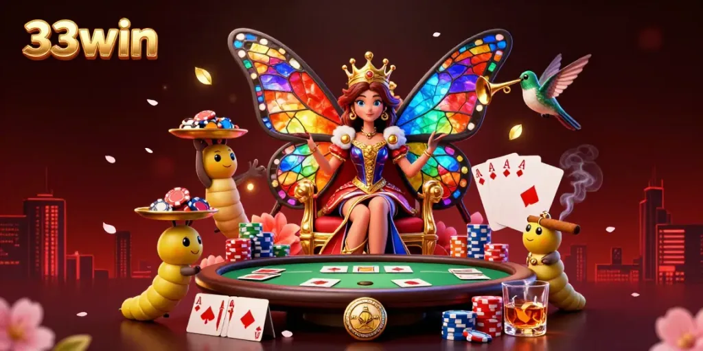 Engage with 33win's vibrant poker scene, featuring a butterfly queen and dynamic game elements.