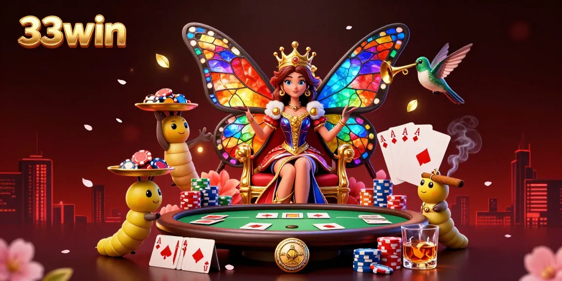 Engage with 33win's vibrant poker scene, featuring a butterfly queen and dynamic game elements.