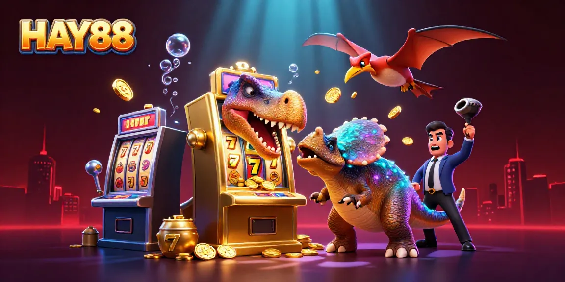 HAY88 showcases a dynamic gambling scene with a pachycephalosaurus hitting a slot machine as coins fly around.