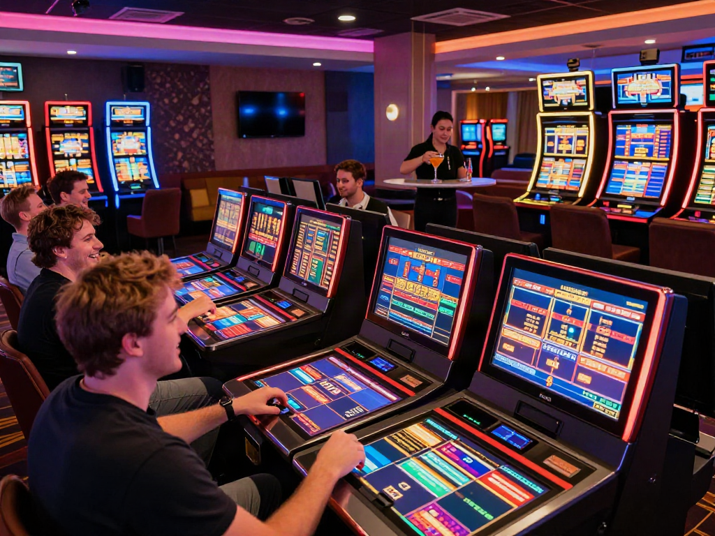 Players enjoying the thrill of non gamstop casino uk gaming in a lively lounge with neon lights and digital interfaces.