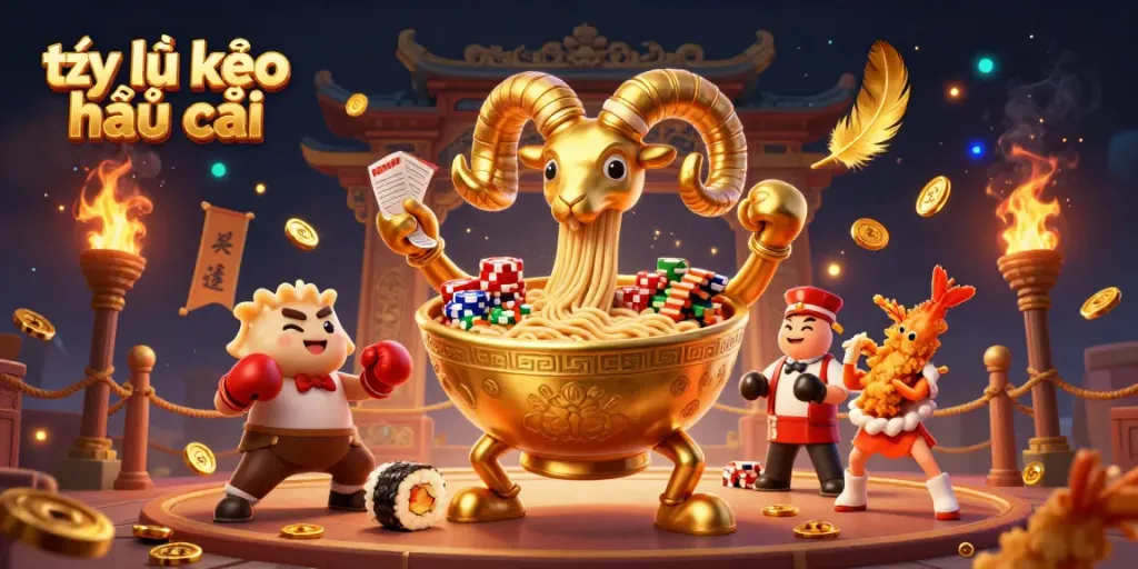 Engaging scene showcasing the dynamic world of tỷ lệ kèo nhà cái with a playful giant ramen bowl character and energetic betting elements.