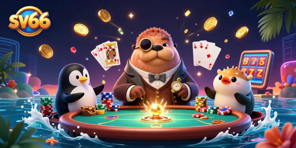 Engage with sv66's thrilling underwater poker scene featuring whimsical characters and vibrant casino elements.