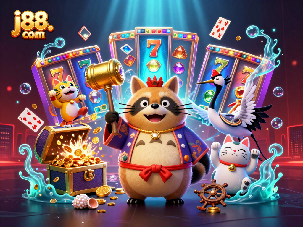 Play slots and win at j88. com with joyful characters in vibrant casino world illustration.