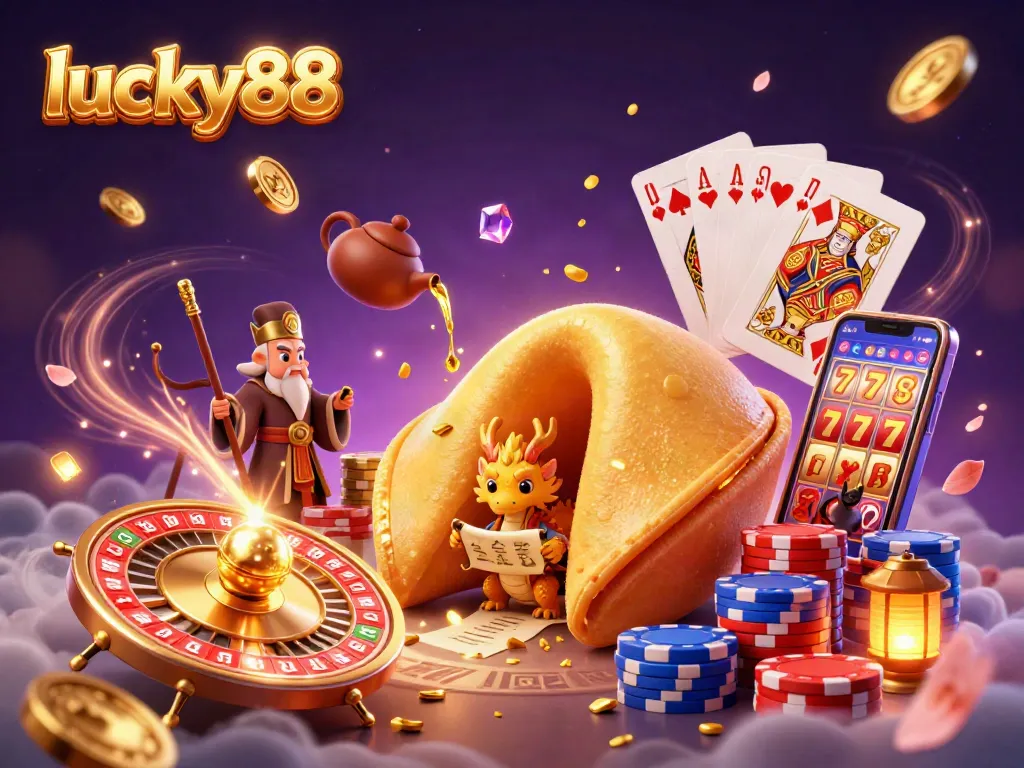 Experience luck and jackpot thrills with lucky88 in this dynamic casino illustration filled with golden elements.