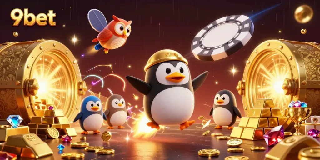 Engage with the thrilling universe of 9bet featuring a golden penguin soaring towards a charming casino.