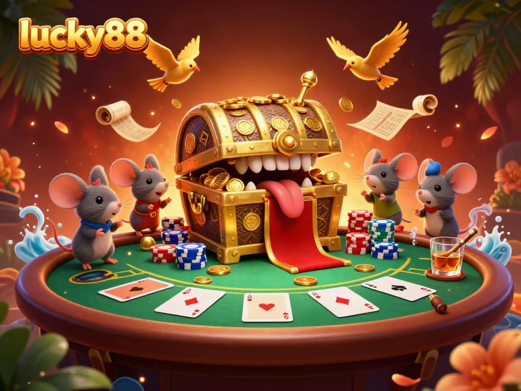 Experience thrilling gameplay with lucky88 at a vibrant poker scene featuring treasure chest, cards, and chips.
