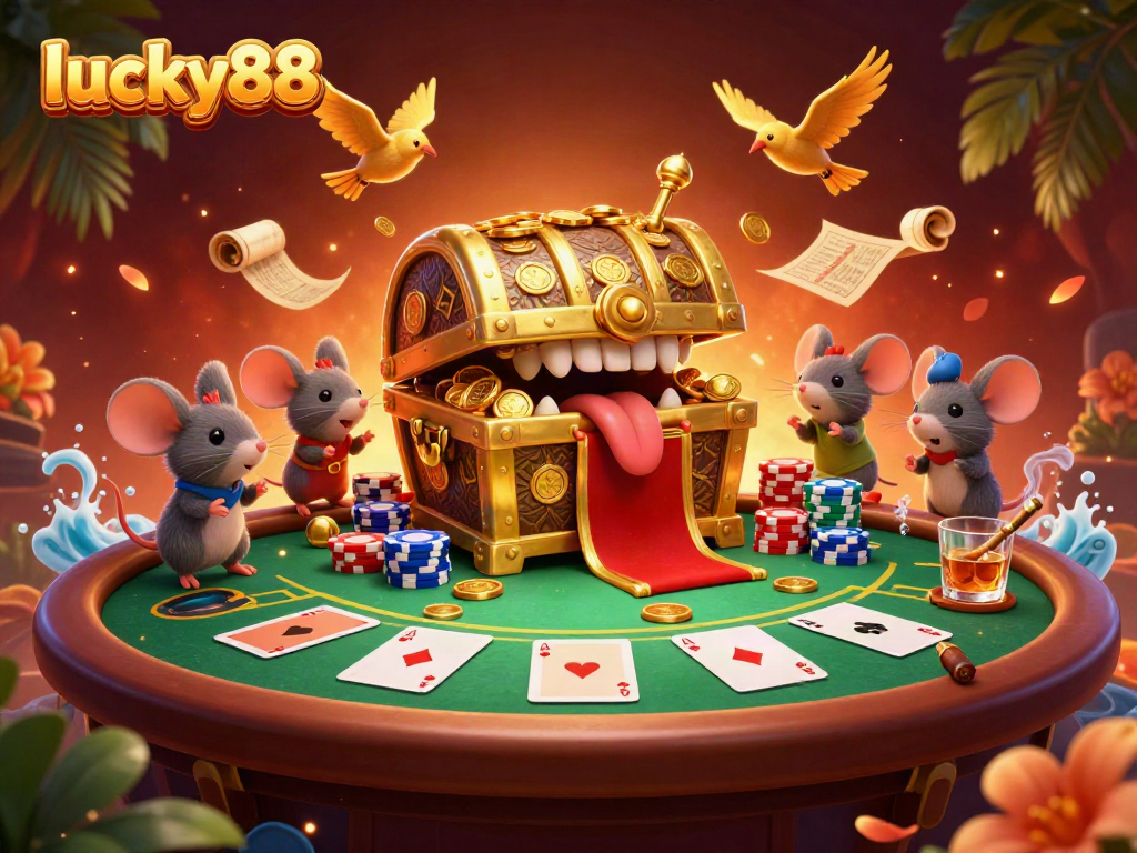 Experience thrilling gameplay with lucky88 at a vibrant poker scene featuring treasure chest, cards, and chips.