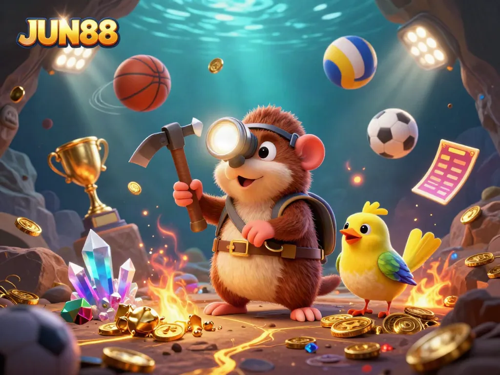 Experience big wins at JUN88 with a lively 3D treasure hunt illustration showcasing sports betting excitement.