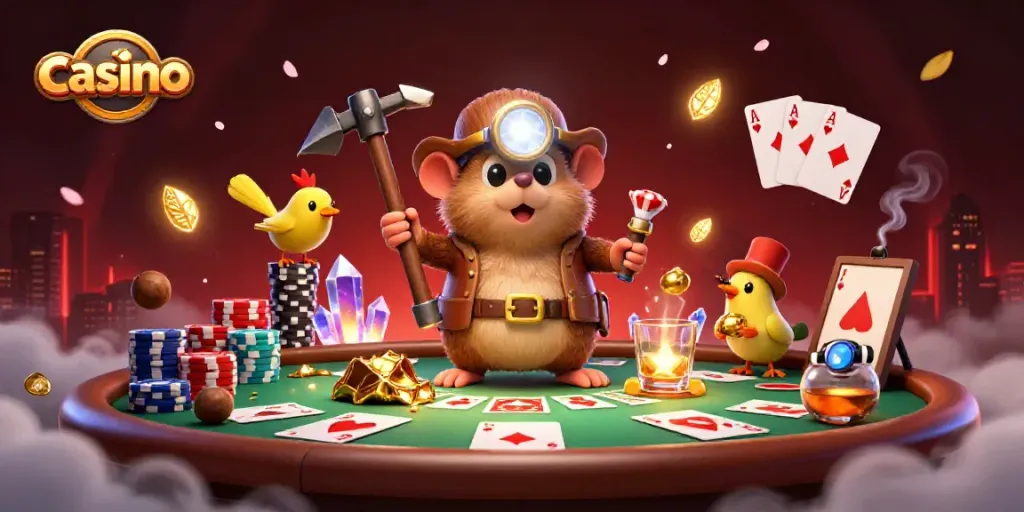 Experience a thrilling casino adventure with a treasure hunter mole, poker chips, and glowing crystals.