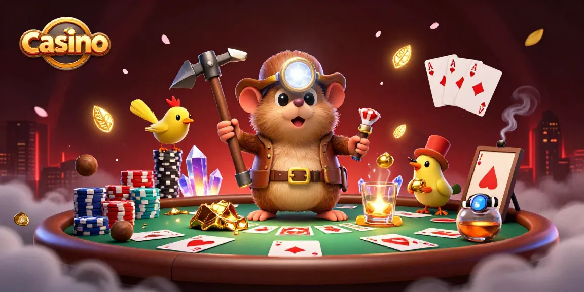 Experience a thrilling casino adventure with a treasure hunter mole, poker chips, and glowing crystals.