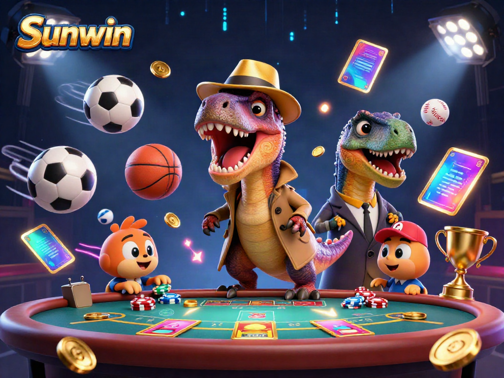 Experience thrilling gameplay at Sunwin with a vibrant 3D casino illustration featuring a clever velociraptor card counter.