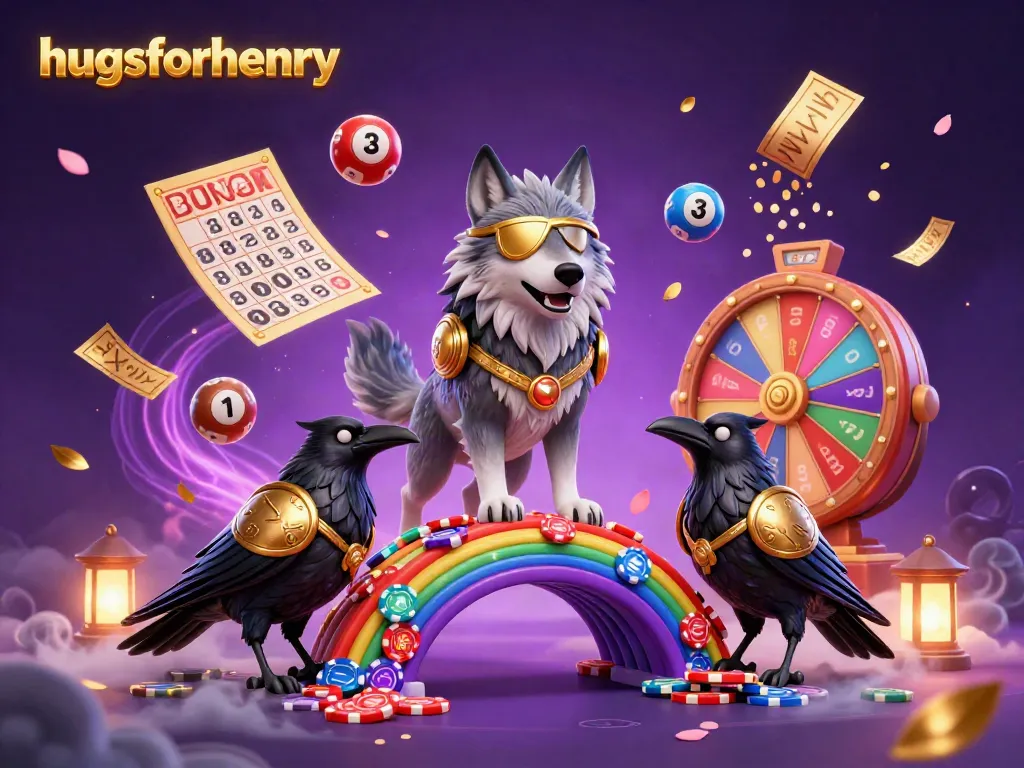 Engage with HugsforHenry's vibrant gaming scene featuring the Odin wolf and his ravens amidst dynamic casino elements.