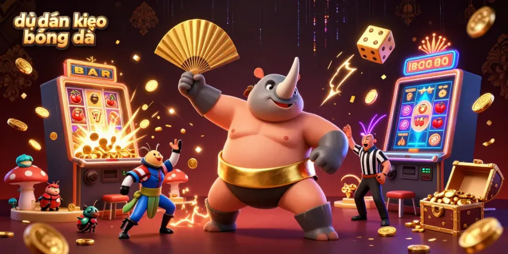 Experience the excitement of dự đoán kèo bóng đá with a dynamic 3D casino illustration showcasing a beetle champion and vibrant elements.