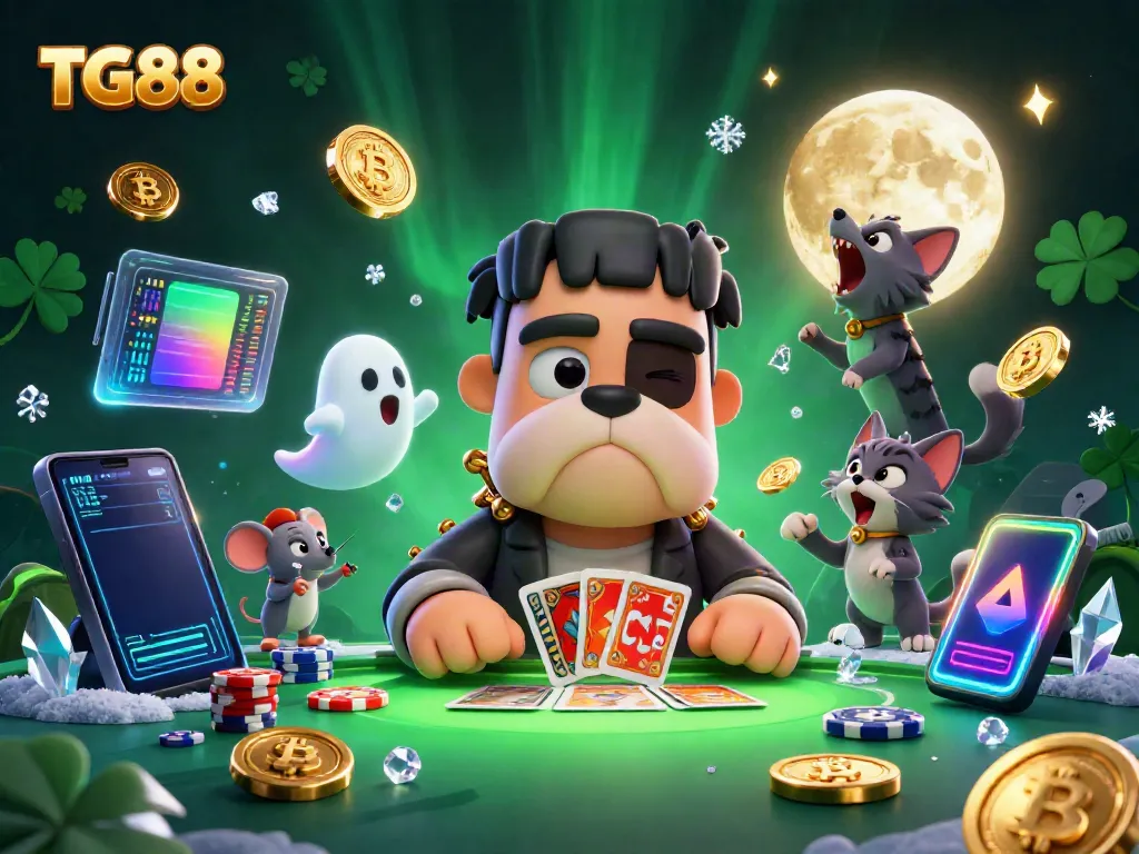 Play cards with the 3D cartoon characters at TG88's haunted casino, featuring glowing crypto coins.