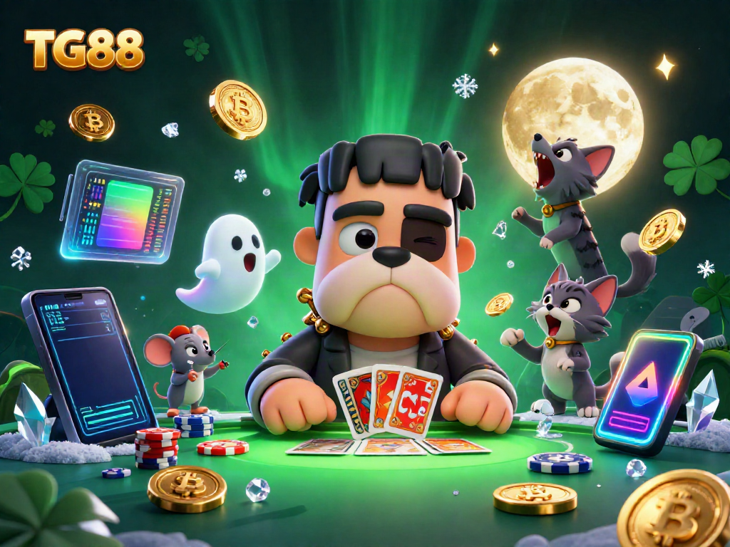 Play cards with the 3D cartoon characters at TG88's haunted casino, featuring glowing crypto coins.