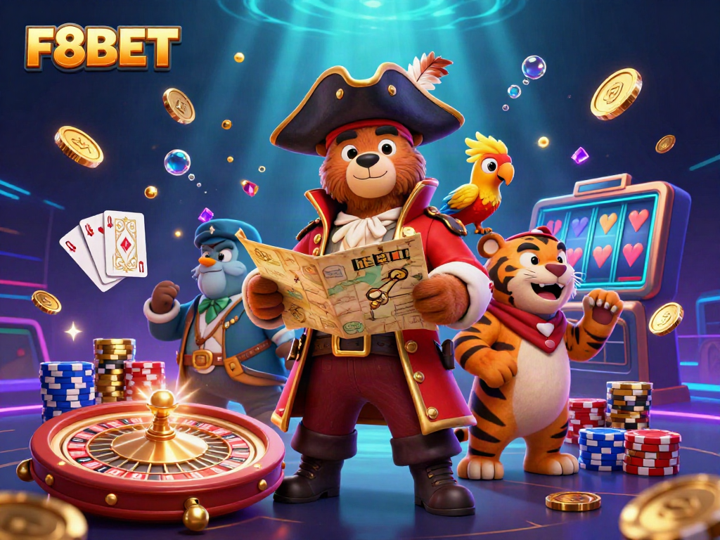 Join F8BET adventure with a pirate bear, tiger, and parrot revealing casino treasures.