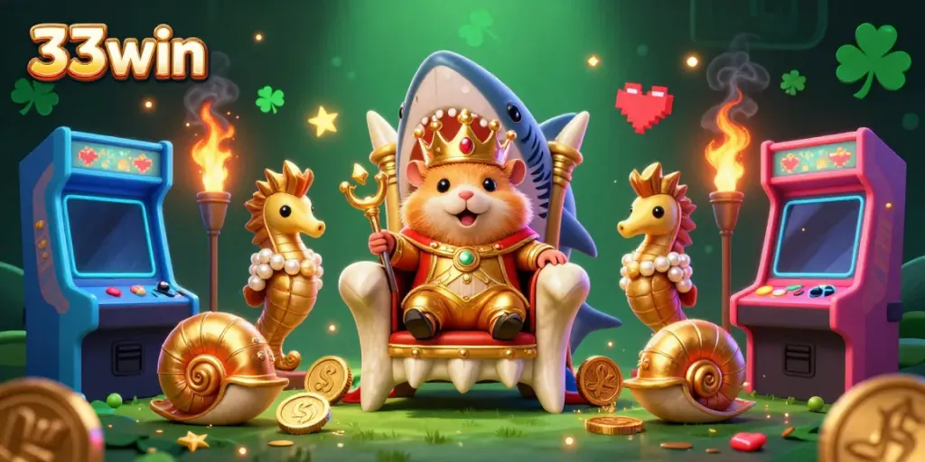 Engage with the golden hamster king at 33win's vibrant casino adventure, surrounded by arcade games and royal guards.