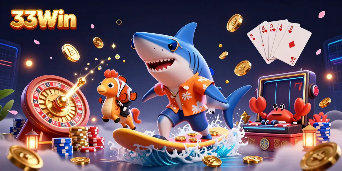 33Win promotes immersive casino fun with a shark surfing on gold coins in an exciting underwater scene.