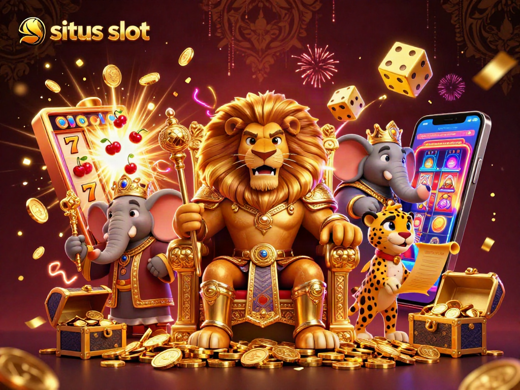 Experience situs slot excitement with a lion king and vibrant casino elements bursting with jackpots.