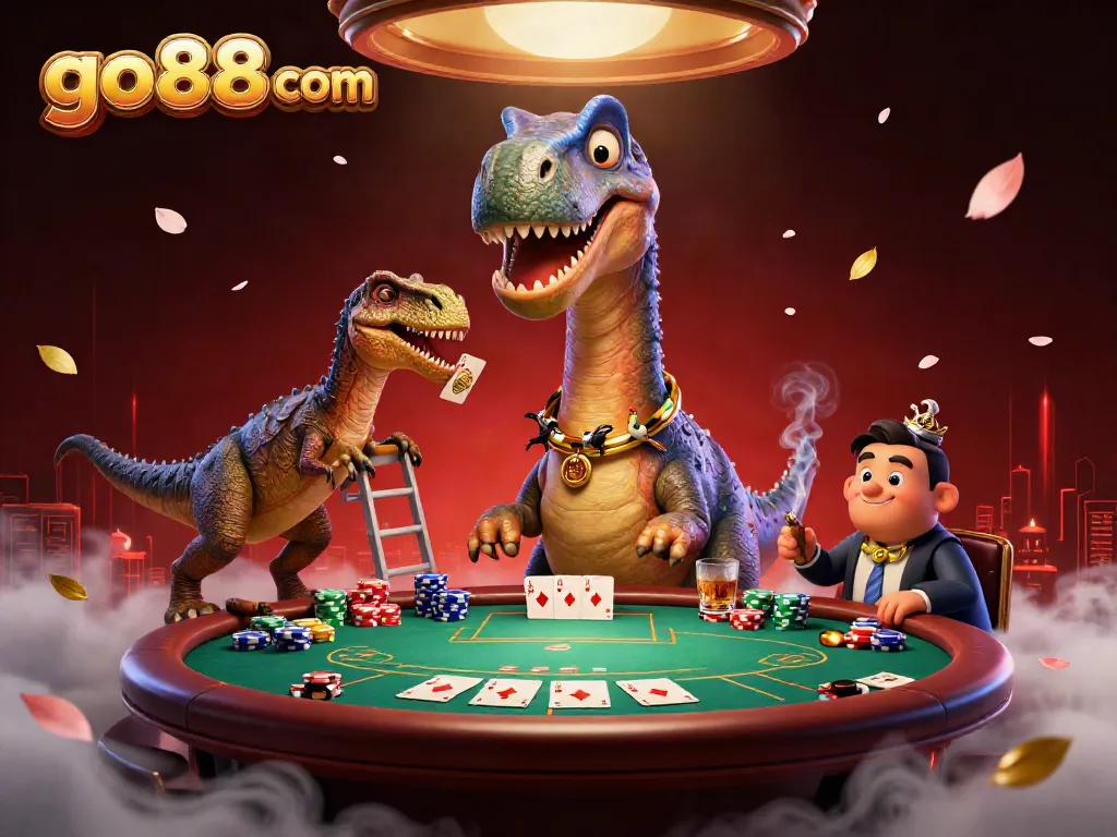 Engage at go88 com with an enchanting casino scene featuring a giant brontosaurus and clever raptor dealing cards.