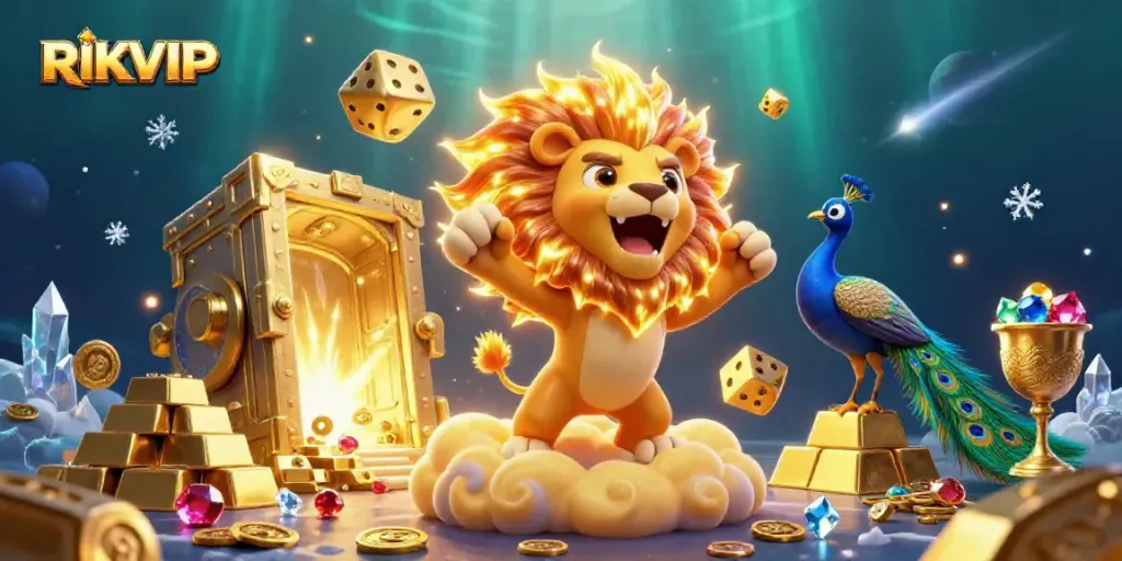 Engage with vibrant 3D scene showcasing RIKVIP's thrilling gaming atmosphere filled with treasures.