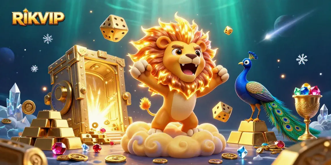 Engage with vibrant 3D scene showcasing RIKVIP's thrilling gaming atmosphere filled with treasures.