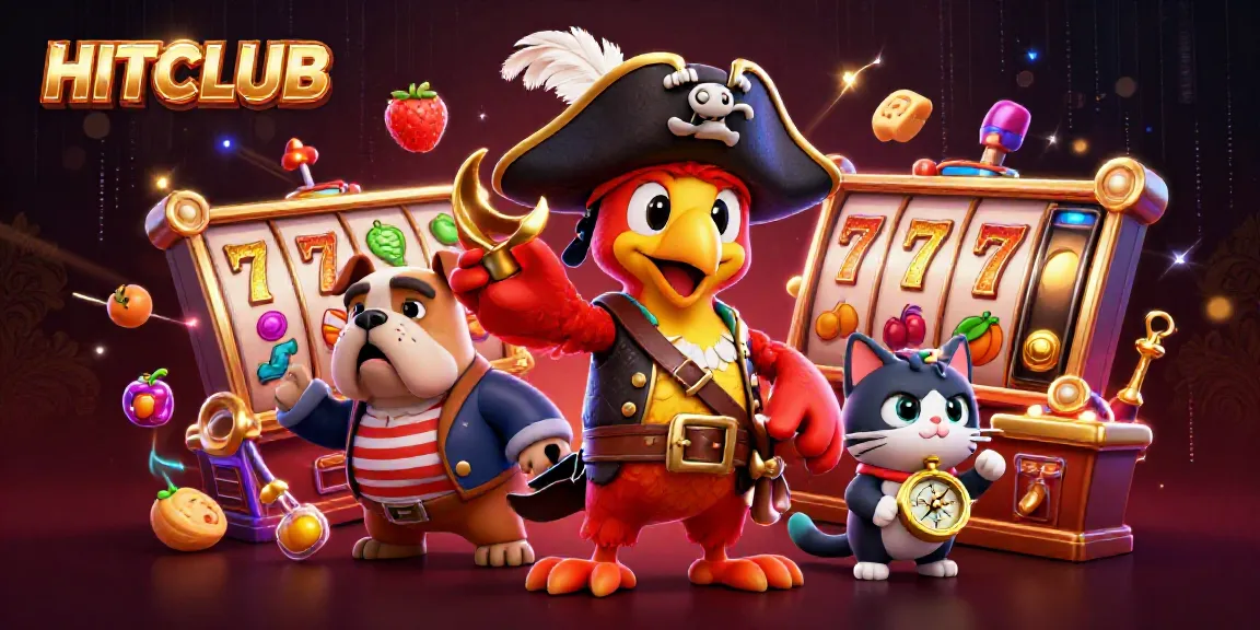 Experience the thrilling HITCLUB casino adventure with a pirate captain, bulldog, and cat amidst flying slot reels and vibrant game symbols.