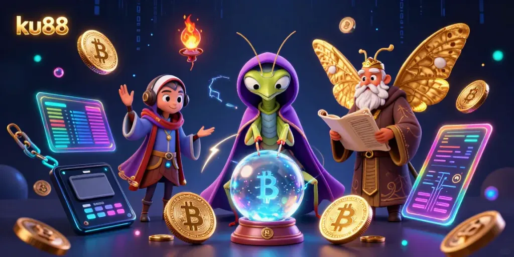 Experience ku88 in an engaging 3D scene depicting fortune tellers and mystical tokens.