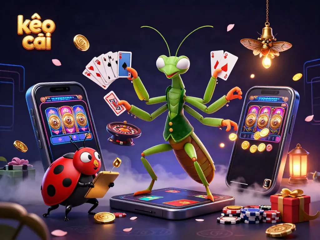 Experience the excitement of kèo nhà cái with a vibrant 3D scene featuring a giant mantis dealer and ladybug pit boss.