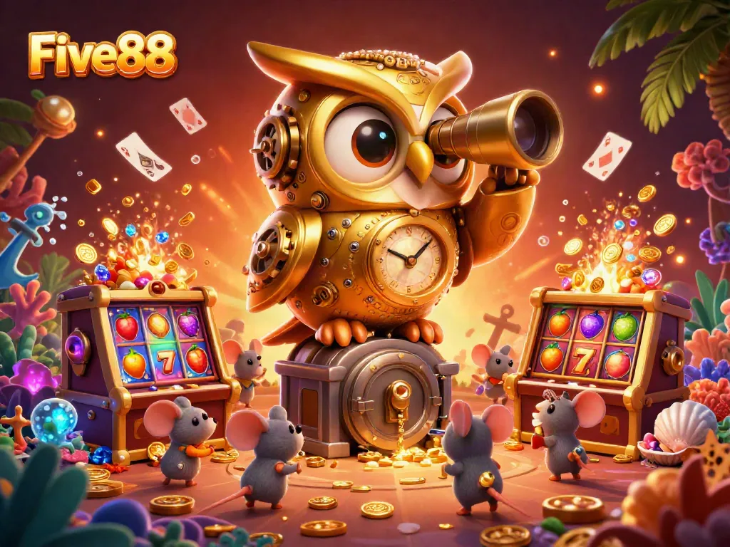 Five88 offers an exciting 3D casino experience with a golden owl, slot machines, and lively mouse patrons.